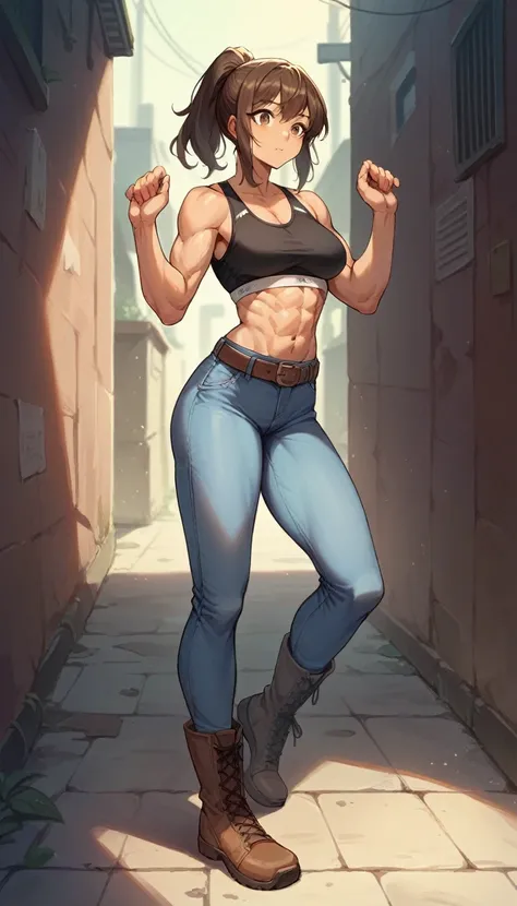 high resolution,Light blue jeans,skinny,Brown belt,Sports Bra,boots,Muscular,Brown Hair,ponytail,Beauty,cute,Alley