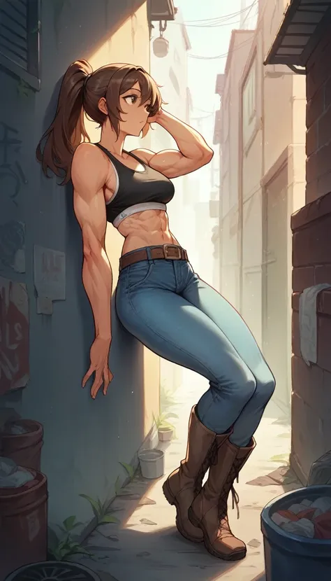 high resolution,Light blue jeans,skinny,Brown belt,Sports Bra,boots,Muscular,Brown Hair,ponytail,Beauty,cute,Alley