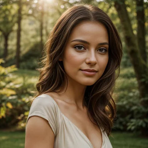 A woman standing in a natural, relaxed pose, looking directly at the camera, extremely detailed face and eyes, beautiful detailed lips, longeyelashes, intricate hairstyle, elegant dress, sunlight streaming through the trees, lush green foliage, shallow dep...