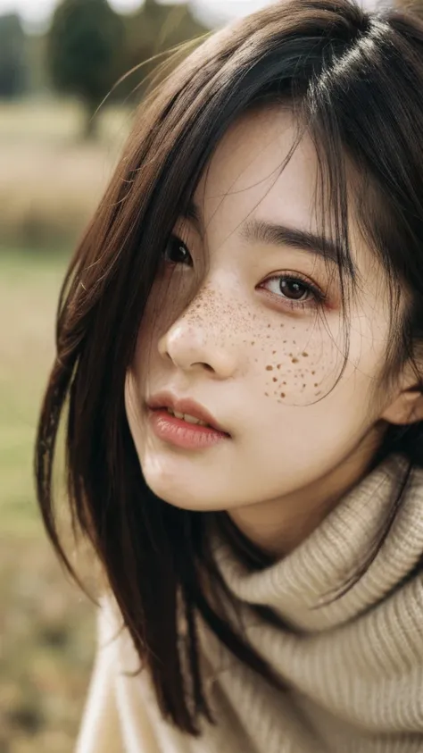 masterpiece,best quality,ultra detailed,ultra high res,realistic,mojz,1girl,solo,sweater,mole,looking at viewer,long hair,realistic,blurry,freckles,black hair,lips,blurry background,brown hair,