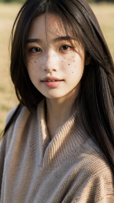 masterpiece,best quality,ultra detailed,ultra high res,realistic,mojz,1girl,solo,sweater,mole,looking at viewer,long hair,realistic,blurry,freckles,black hair,lips,blurry background,brown hair,