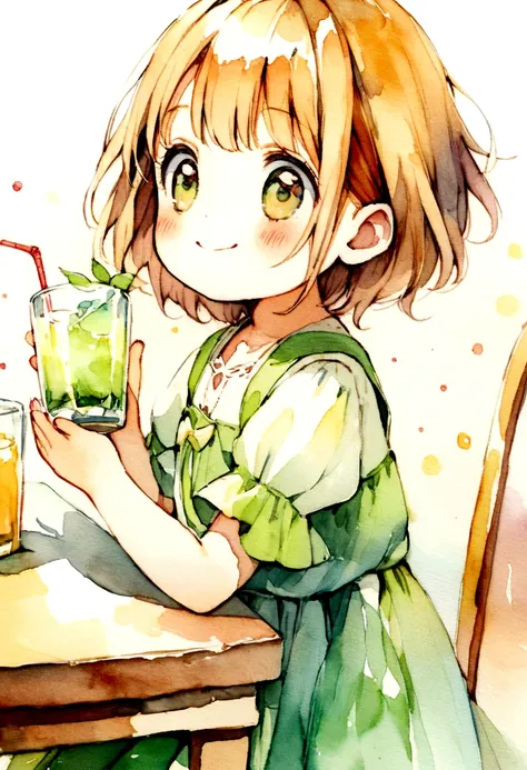 A girl around 4 years old is happily drinking juice　Picture books　Watercolor