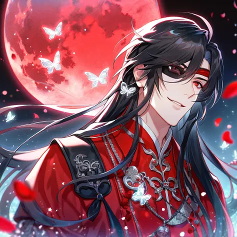 absurdres, highres, ultra detailed, HDR, master piece, Hua Cheng, black long hair, expressive red eye, black eye patch on his let eye, Heaven Officials Blessing, sexy man, handsome, best quality, red moon, flowers, fantasy, magical, solo, red water, red sh...