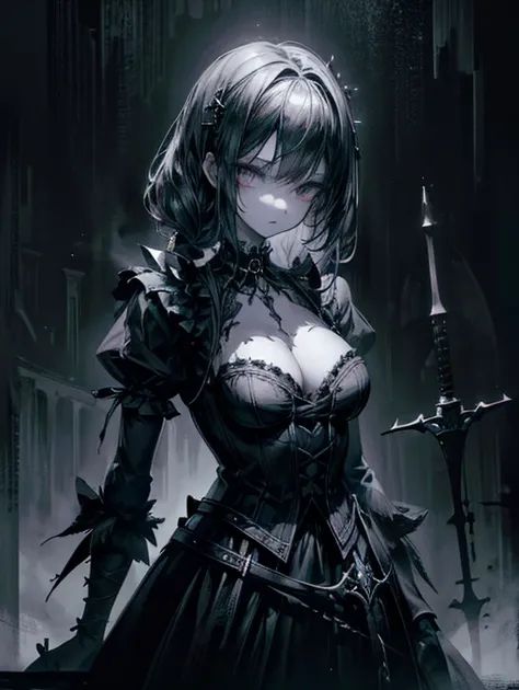 (a girl with) Aura-like gothic lighting, realistic Gothic-style artwork, detailed skeleton impaling itself with a sword in the neck, dark atmospheric background, high-res masterpiece:1.2, ultra-fine painting, professional, vivid colors