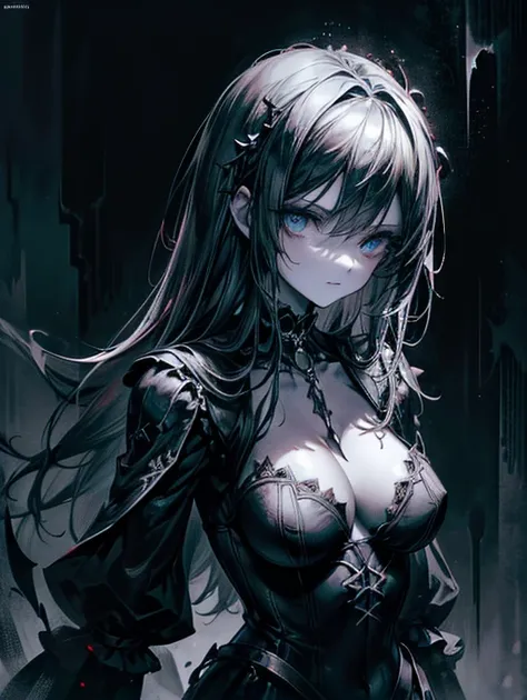 (a girl with) Aura-like gothic lighting, realistic Gothic-style artwork, detailed skeleton impaling itself with a sword in the neck, dark atmospheric background, high-res masterpiece:1.2, ultra-fine painting, professional, vivid colors