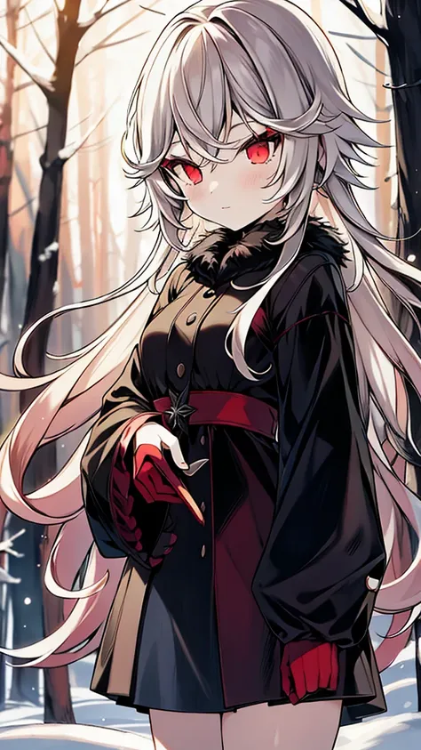 eirudy_(springwitch3),masterpiece,1girl,red eyes,wearing black raven feather suit,forest,winter snow,night,absurdres,high res, ultrasharp, 8K, masterpiece, looking at viewer