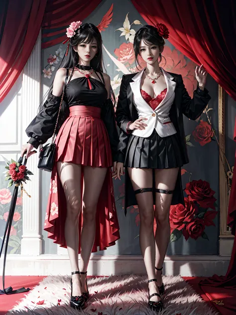 2 beautiful women，camellia mix， flowers， Red_floral pattern， Red_rosette， rosette， Samurai Sword， 1个Busty girl， pink_rosette， pink_floral pattern， Arachne_Lily， footwear， long_hair， school_uniform， Phu Shueli， sheath， skirt， solo， jacket， vase， staring_Sho...