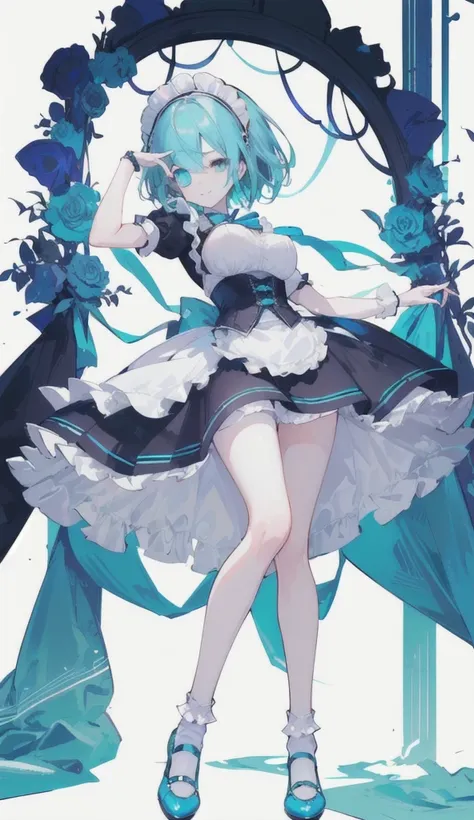 (short hair) cyan eyes, (Eyes behind long bangs) big breasts, using accessories (using socks) perfect shiny beautiful cyan shoes (Wearing luxurious palace maid clothes Perfect perfect noble)  Pose facing sideways (Girl1, straight hair not too long, bangs c...