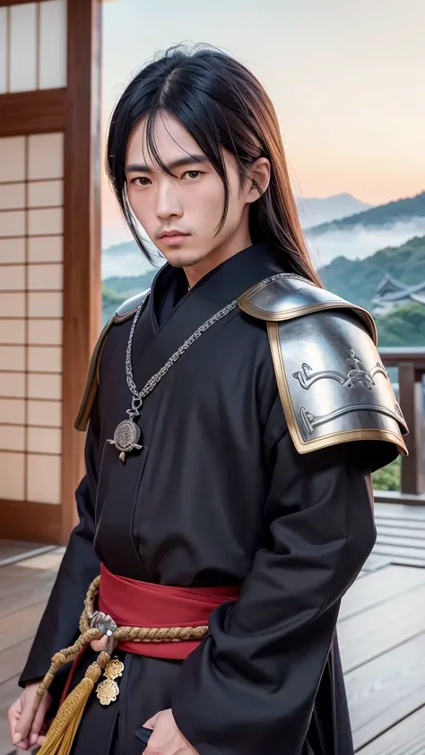 Japanese warlords during the Sengoku period、Portrait of Date Masamune。He has an eyepatch on one eye、Dressed in gorgeous black and silver armor。兜には大きな三日月There is、Standing bravely facing forward。Misty Japanese castle and trees in the background々There is、It e...