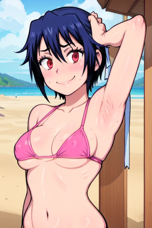 masterpiece, best quality, Seishirou Tsugumi, looking at viewer, Blue hair, red eyes color, large breasts, upper body, portrait, seductive smile,both hands raised, armpits, armpits visible, sweaty armpits, wearing pink bikini, background on beach