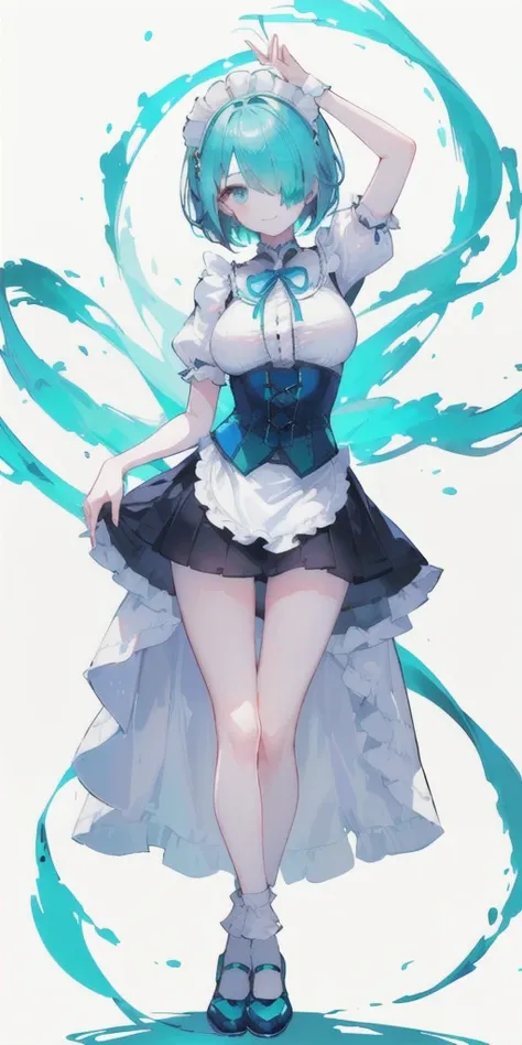 (short hair) cyan eyes, (Eyes behind long bangs) big breasts, using accessories (using socks) perfect shiny beautiful cyan shoes (Wearing luxurious palace maid clothes Perfect perfect noble)  Pose facing sideways (Girl1, straight hair not too long, bangs c...