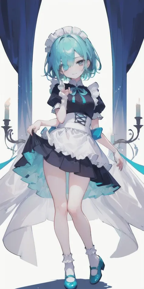 (short hair) cyan eyes, (Eyes behind long bangs) big breasts, using accessories (using socks) perfect shiny beautiful cyan shoes (Wearing luxurious palace maid clothes Perfect perfect noble)  Pose facing sideways (Girl1, straight hair not too long, bangs c...