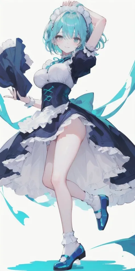 (short hair) cyan eyes, (Eyes behind long bangs) big breasts, using accessories (using socks) perfect shiny beautiful cyan shoes (Wearing luxurious palace maid clothes Perfect perfect noble)  Pose facing sideways (Girl1, straight hair not too long, bangs c...