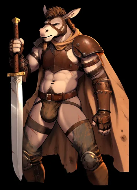 Solo Sexy young anthro furry donkey donkey male mercenary medieval solider, tall slim sexy slim muscular, anthro handsome gay shorter muzzle, handsome gay model male apperance, sword scars, worn out leather skimpy armament, low on hips heavy leather belt, ...