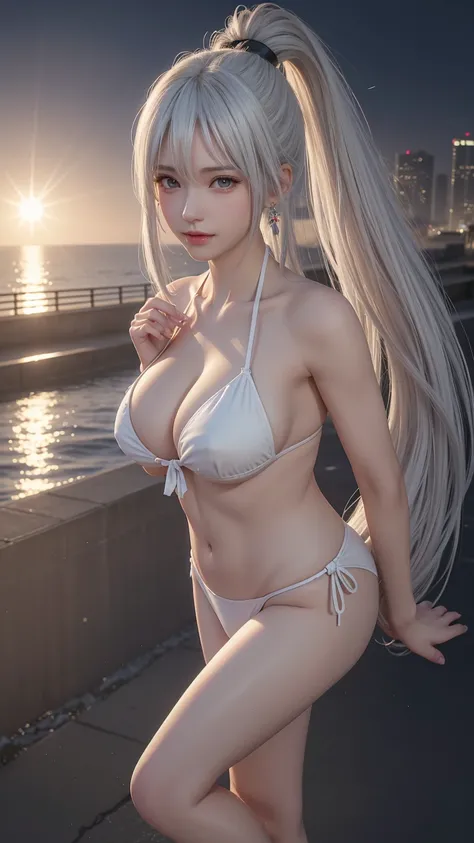 ((Huge breasts))，((Bikini，Swimsuit，stocking))，(full-body shot)，((masterpiece, 最high quality, Photorealistic and Very detailed CG integrated 8k wallpaper, high quality, Very detailed, Narrative Poems, Particle Effects, dynamic effect, Writing border depth, ...