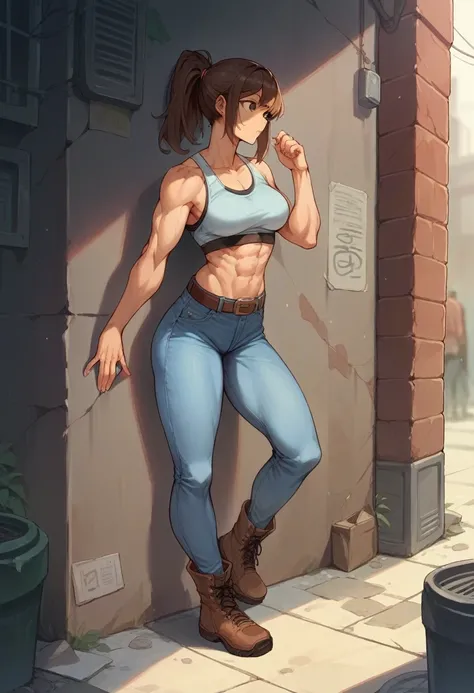 high resolution,Light blue jeans,skinny,Brown belt,Sports Bra,boots,Muscular,Brown Hair,ponytail,Beauty,cute,Alley