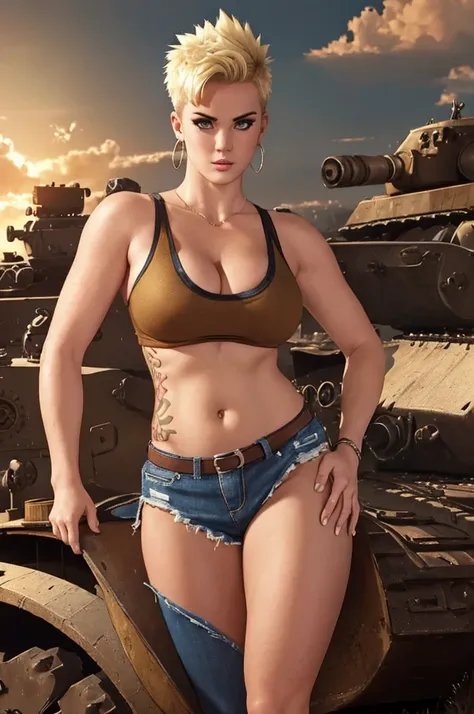 ((( fully body ))), master part, best qualityer, super detaill, 8K, gorgeous woman, Stefania Ferrario as a Tank Girl, perfect body, parted lips, blonde mohawk hair, Punk Girl, shorts curt com cinta liga, post-apocalyptic world, with a tank in the backgroun...