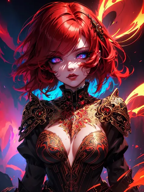 Red hair color,(masterpiece, best quality),(1 lady),(solo),(artstation),(dynamic),(charming),(magical),(unreal engine),(fantastically beautiful),(illustration),(dramatic lighting),(rave background),(neon glow),(maximalist),(extremely detailed eyes and face...