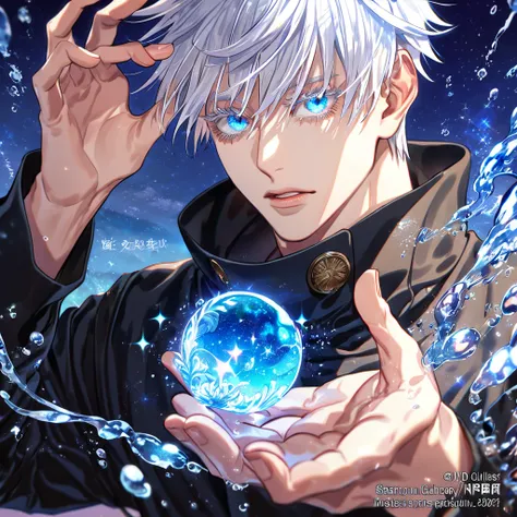 absurdres, highres, ultra detailed, HDR, master piece, best quality, extremely detailed, Gojou Satoru, white hair, expressive blue eyes, white eyelashes, round black sunglasses, Jujutsu Kaisen, solo, sexy man, handsome, black clothes, fantasy, magic, water...