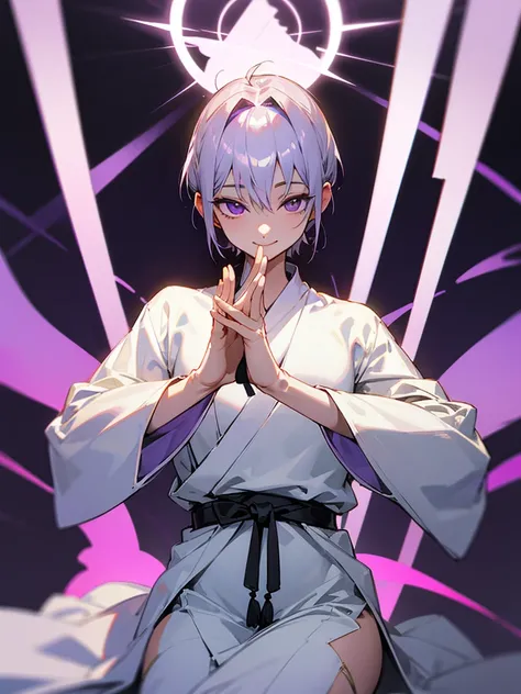 smiling purple eyes zazen silver short hair hands together androgynous white tunic halo buddha sexy