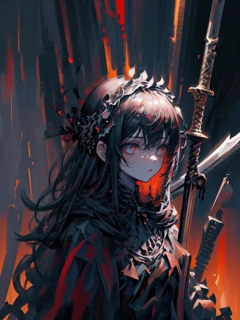 (a girl with) Aura-like gothic lighting, realistic Gothic-style artwork, detailed skeleton impaling itself with a sword in the neck, dark atmospheric background, high-res masterpiece:1.2, ultra-fine painting, professional, vivid colors