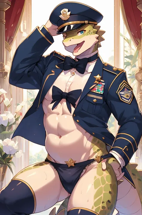 Highest quality、Sexy Baby Lizardman、Skimpy、Shota、maleの子、male、Sweat、Embarrassing、Gay、Triumphal Parade、cute、Knee-high socks、frilled choker、Obscene language、Showing tongue、toplesagazine cover style illustration、bow tie、salute、military cap、Get a tip、Belly butt...