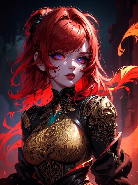 Red hair color,(masterpiece, best quality),(1 lady),(solo),(artstation),(dynamic),(charming),(magical),(unreal engine),(fantastically beautiful),(illustration),(dramatic lighting),(rave background),(neon glow),(maximalist),(extremely detailed eyes and face...