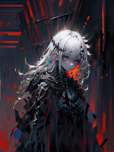 (a girl with) Aura-like gothic lighting, realistic Gothic-style artwork, detailed skeleton impaling itself with a sword in the neck, dark atmospheric background, high-res masterpiece:1.2, ultra-fine painting, professional, vivid colors