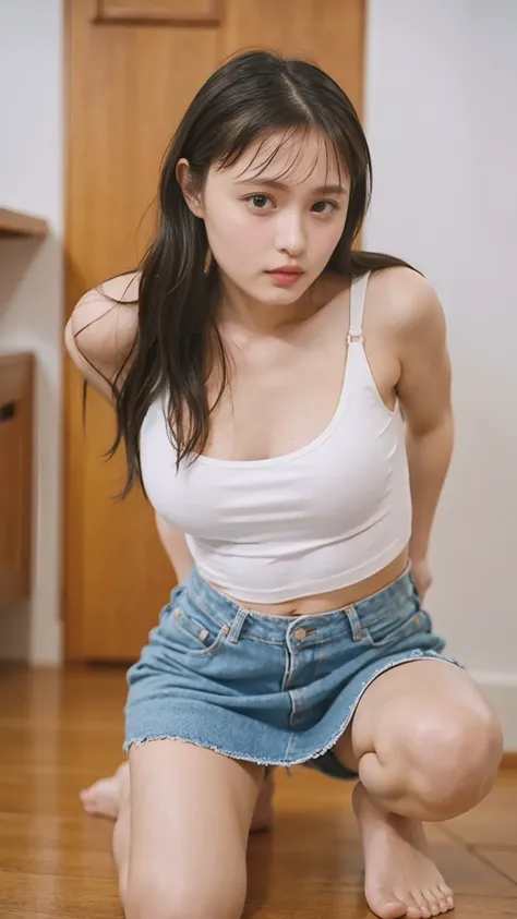 Open shirt, (((Leaning forward))), ((,Round face, Around 17 years old,mini skirt、A loose-fitting tank top)),  Long Hair, , Natural Makeup, Lips become thicker, Sexy Gaze, barefoot, ((Raise one leg)),  Shooting from below,Gentle expression ,((Extremely prec...