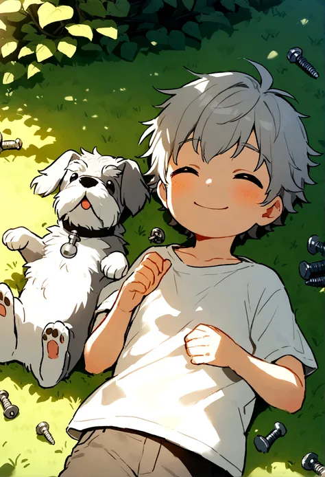 Lucas is a smiling 5-year-old human boy, with your faithful friend, screw, the schnauzer dog, lying in the garden