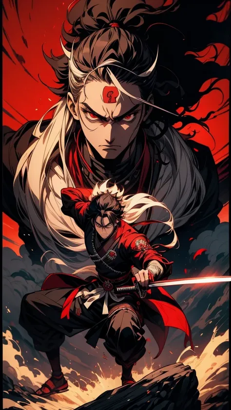 A man holding a sword stands on a rock, Afro Samurai Anime Style, Alucard, Afro Samurai Anime Style, itatchi uchiha, miyamoto musashi, Demon Samurai, Itachi, Kano Tan&#39;yu, Afro Samurai style, elric of melnibone, Ninja, Vampire Hunter D, Demon Samurai wa...