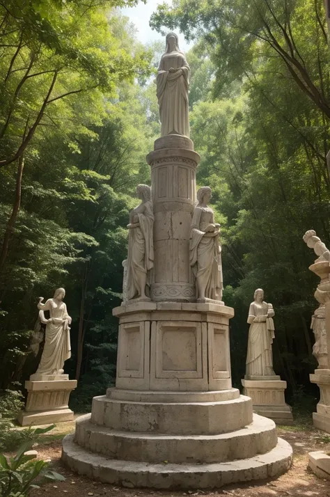 Snake-haired girl in a Greek dress in the forest with several statues behind