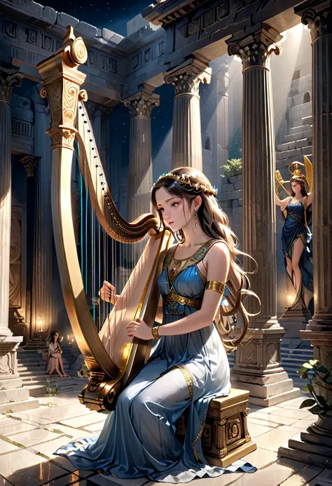 a young priestess, sitting, she places a harp larger than herself in front of him and plays it, playing a large lyre, ancient Greek temple, late at night, inside the temple it is (dark:1.3) and there is (no lighting:1.2), the moonlight shines in at an angl...