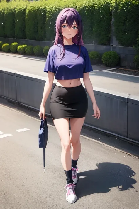 1girl, woman walking, wearing blue t-shirt tied, crop top, tight black midi pencil skirt, sneakers, socks, outdoors, garden, summer, sweat, long purple hair, looking at viewer, full body, smile, blush