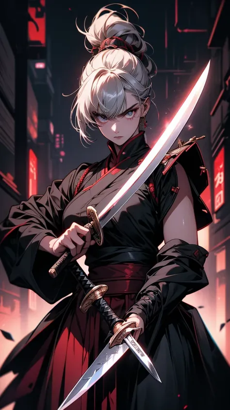 Close-up of a person holding a sword in a dark room, she is holding a knife sword, knife, unsheathing her knife, Works inspired by Kano Hogai, Maid, dramatic wielding knife pose, knife zero, Very beautiful cyberpunk samurai, 薙knifeを持ったキツネの野武士, With a big s...