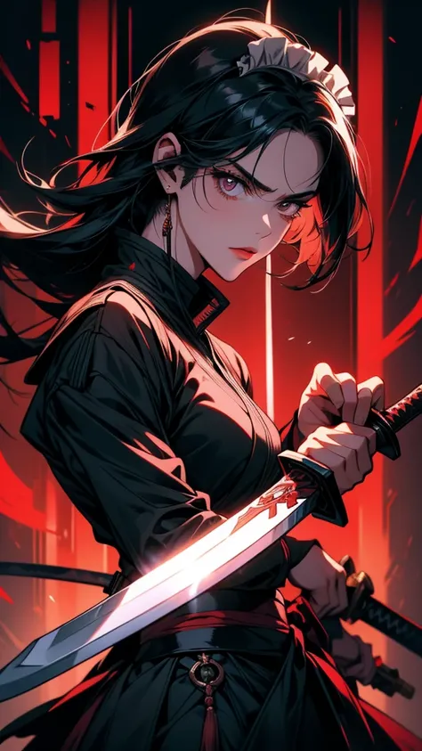 Close-up of a person holding a sword in a dark room, she is holding a knife sword, knife, unsheathing her knife, Works inspired by Kano Hogai, Maid, dramatic wielding knife pose, knife zero, Very beautiful cyberpunk samurai, 薙knifeを持ったキツネの野武士, With a big s...