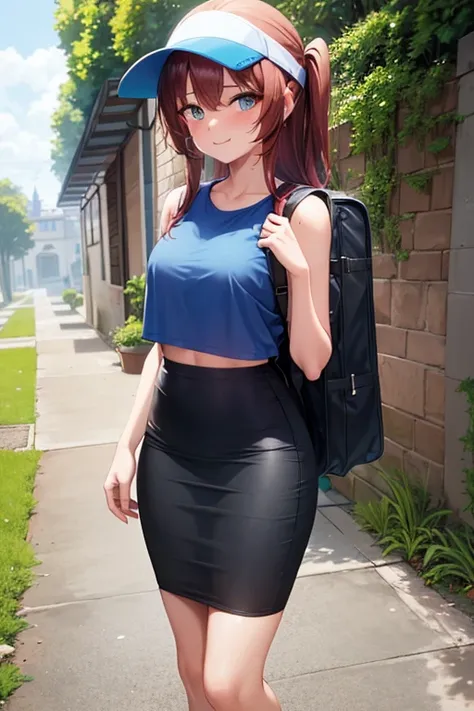 1girl, woman walking, wearing blue t-shirt, crop top, tight black midi pencil skirt, long length skirt, sneakers, socks, outdoors, garden, summer, sweat, long brown hair, looking at viewer, full body, smile, blush, wearing visor and backpack