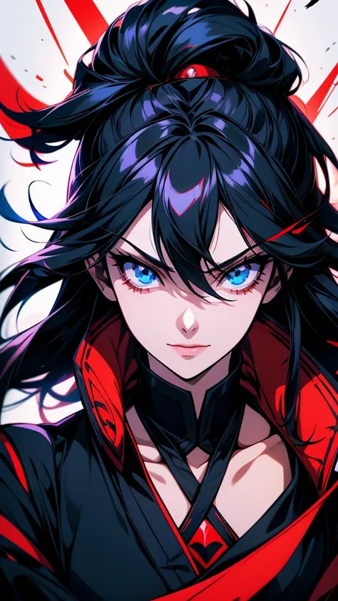 Anime character with black hair and blue eyes dressed in black, inspired by Okumura Masanobu, ryuko matoi, [[[[smile wickedly]]]], shikishi, The charming Ryuko Matoi, Gap Moe Yandere Grimdark, yuyushiki, portrait Gap Moe Yandere Grimdark, By Ren