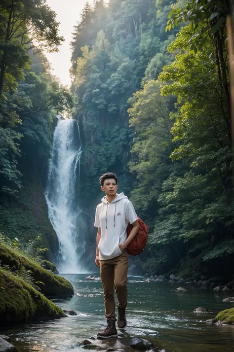 Full body cinematic portrait of Indonesian man, 30 years old, clean face, wearing white t-shirt, brown hoodie jacket and camping bag and boots, walking in the forest with a photo camera, outdoor photographer, green forest background with waterfall and rive...