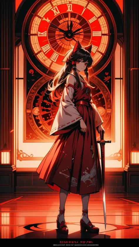 Anime girl with sword and red dress standing in front of clock tower, Touhou Project official artwork, Artistic rendering of Reimu Hakurei, detailed key Anime Art, From desire, high definition Anime Art, Anime Artwork, The Detailed Art of the Onmyoji, Anim...