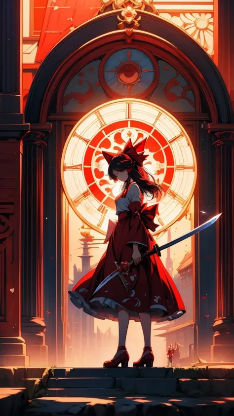 Anime girl with sword and red dress standing in front of clock tower, Touhou Project official artwork, Artistic rendering of Reimu Hakurei, detailed key Anime Art, From desire, high definition Anime Art, Anime Artwork, The Detailed Art of the Onmyoji, Anim...