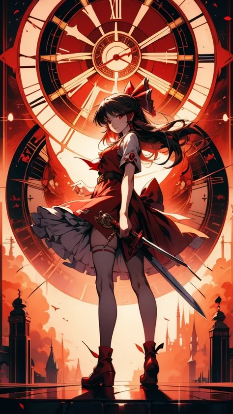 Anime girl with sword and red dress standing in front of clock tower, Touhou Project official artwork, Artistic rendering of Reimu Hakurei, detailed key Anime Art, From desire, high definition Anime Art, Anime Artwork, The Detailed Art of the Onmyoji, Anim...