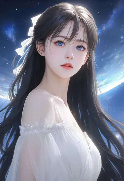 Pixiv artwork, beautiful女の子, Oval Face, Big eyes,(Pale blue eyes), Long eyelashes, bangs, nice, Arrogant, Exquisite (Realistic Style), Extreme Face, Photo-quality light and shadow, Starry Eyes, She has long, curly black hair that is scattered and worn arou...