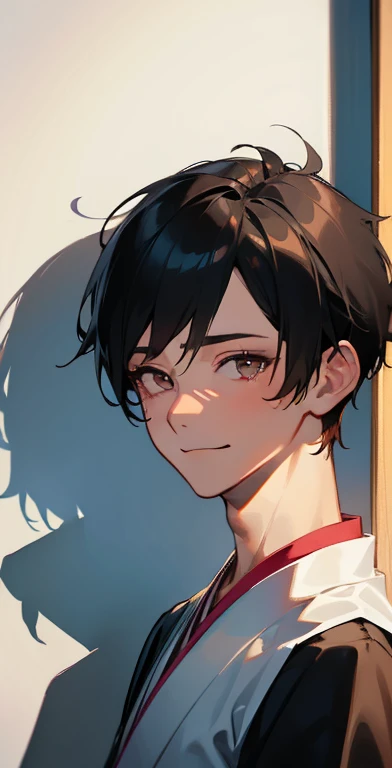 (((1boy))), ((Toned)), Male Focus, masutepiece, High quality, (masutepiece:1.2), (Best Quality:1.2), shiny, Realistic, ornate, intricate skin, ((Black hair)), (Short hair), Brown eyes, hair_stick, Hot_Boy, Japanese_Clothes, Solo, base of ear, sad eyes, loo...