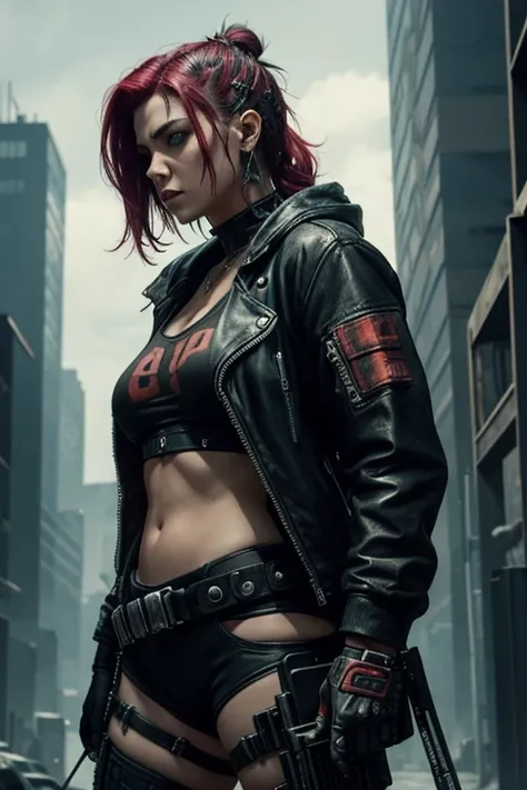 Cyberpunk, Cyperpunk themes, Female Gangster, wearing Mad Max style equipment, clothing is primarily red, visible whale tail 