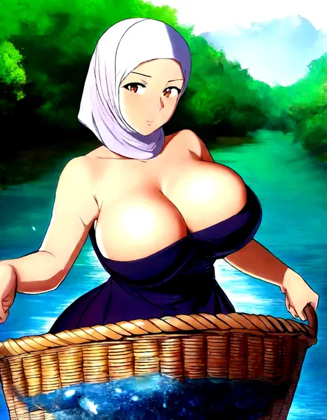 Malaysian woman (age 40, hijab no hair showing, cute face, strapless dress barely covering breasts, enormous breasts, a little fat, giga breasts), embarrassed, in a large stream, fishing using a basket when dress came lose and fish thrashing in basket, sho...