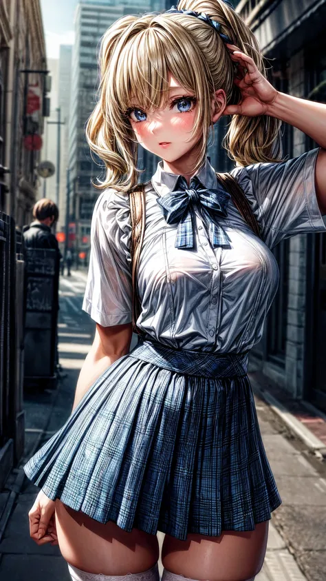 1girl,masterpiece,best quality,blonde hair,(ponytails),blue eyes,(white lace stockings),(dark blue plaid skirt),short skirt,standing,in full length,medium breasts,white t shirt,in front of streets,extremely detailed,[[realistic]],beautiful alluring anime t...