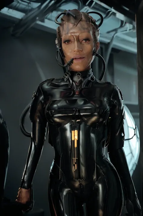 (tawny newsome:1.2), (black skin:1.2), (liquid metal girl
 sttldunf uniform:1.2), (Liquid Metal sttldunf uniform:1.2) being assimilated by board collective Borg, robotic, right arm, and right eye
ballgag, leather catsuit, belt, lying, prisoner, (best quali...