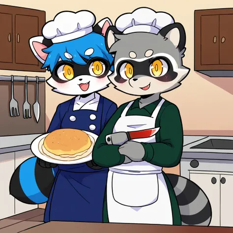 Masterpiece, fursona, raccoon, anthropomorphic, yellow eyes, dressed as a chef, knife, in a white kitchen, without a hat