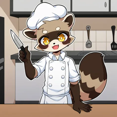 Masterpiece, fursona, raccoon, anthropomorphic, yellow eyes, dressed as a chef, knife, in a white kitchen, without a hat